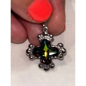 Iridescent Cross Pendant Charm Silver Tone Lobster Clasp Gothic Swrovski